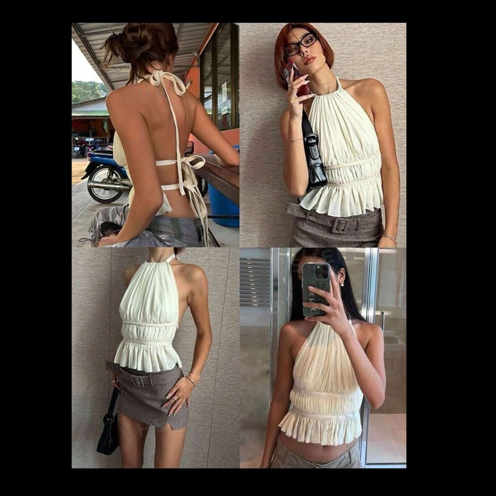 SHEIN EZwear Women's Pleated Halter Neckline Waist-Tied Backless Tank Top